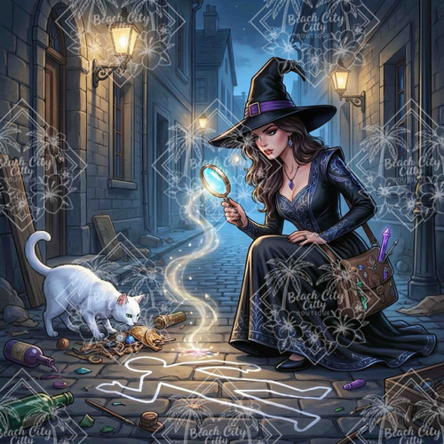 Fantasy witch investigating a magical crime scene in a moonlit alley with a white cat companion.