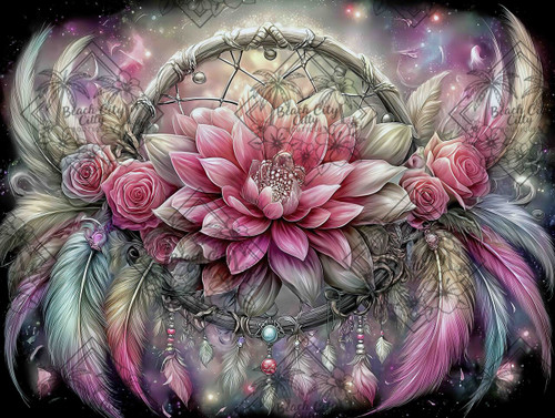 Pink lotus flower dreamcatcher with feathers, roses, and celestial fantasy details on a colorful cosmic background.