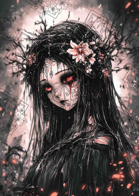 Dark fantasy spirit with glowing crimson eyes surrounded by twisted branches and pale blossoms beneath a full moon.