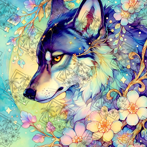 Majestic blue wolf portrait surrounded by colorful flowers, stars, and whimsical celestial vines.