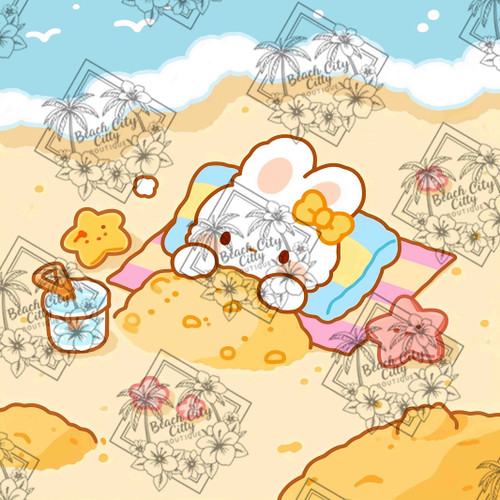 Adorable bunny relaxing on a sandy beach while building a sandcastle beside pastel starfish, a striped beach towel, and a refreshing drink under a sunny sky.