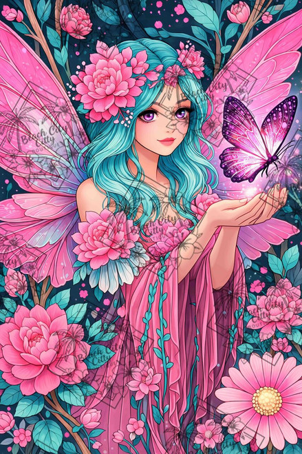 Fantasy fairy with teal hair, pink wings, blooming flowers, and glowing butterfly in a magical enchanted garden.
