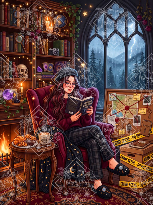A cozy reader enjoys a true crime novel beside a fireplace in a gothic library filled with books, detective clues, candles, and stormy windows in artwork by Dreamy Witch.