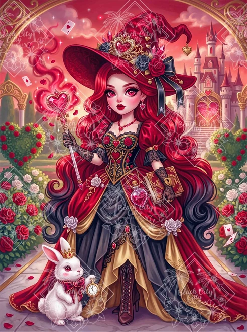 A glamorous Queen of Hearts fantasy portrait by Dreamy Witch featuring a red-haired witch in a dramatic red and black gown, heart-topped staff, white rabbit, rose garden, and romantic castle backdrop.