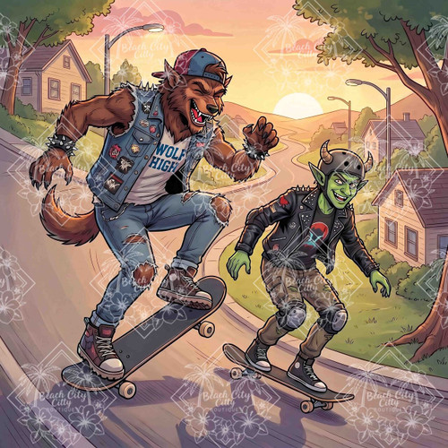 A werewolf and green goblin wearing punk clothing skateboard downhill through a suburban neighborhood at sunset.