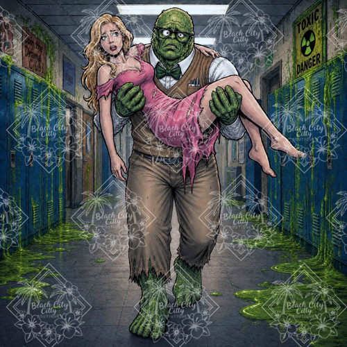 A nerdy swamp monster carries a frightened girl through a slime-covered high school hallway.