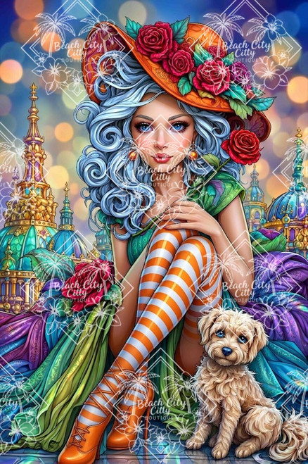 Elegant fantasy woman wearing a rose-covered orange hat with striped stockings beside a fluffy puppy in a whimsical city.