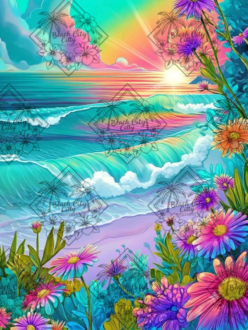 Brilliant rainbow sunrise over turquoise ocean waves framed by colorful coastal wildflowers.