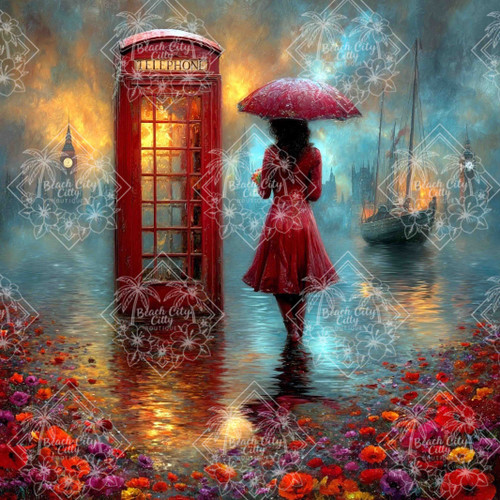 Woman in a red dress holding an umbrella beside a classic London telephone booth overlooking Big Ben and the Thames.