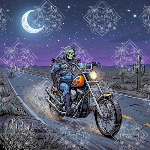 Blue skeletal rider driving a custom motorcycle through a moonlit desert highway with a wolf watching from the roadside.