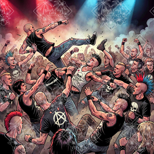 Energetic punk rock concert crowd in a lively mosh pit with colorful mohawks, tattoos, stage lights, and high-energy action.