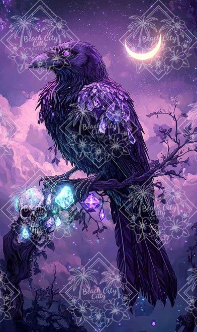 Mystical raven perched on a branch decorated with glowing purple crystals and a crystal skull beneath a crescent moon.