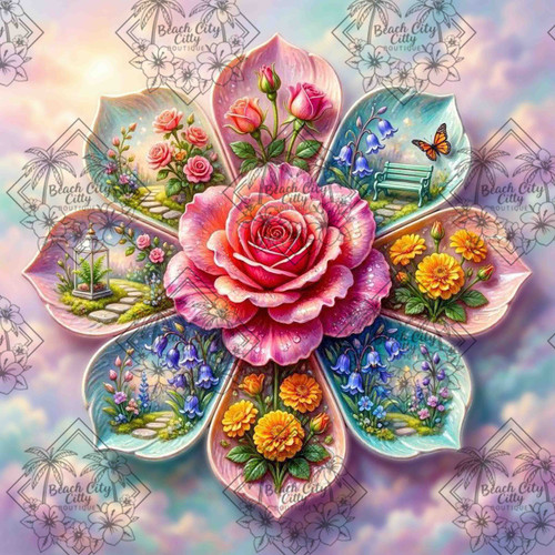 Colorful floral mandala featuring roses, irises, succulents, birch trees, mushrooms, and vibrant botanical petals floating among pastel clouds.