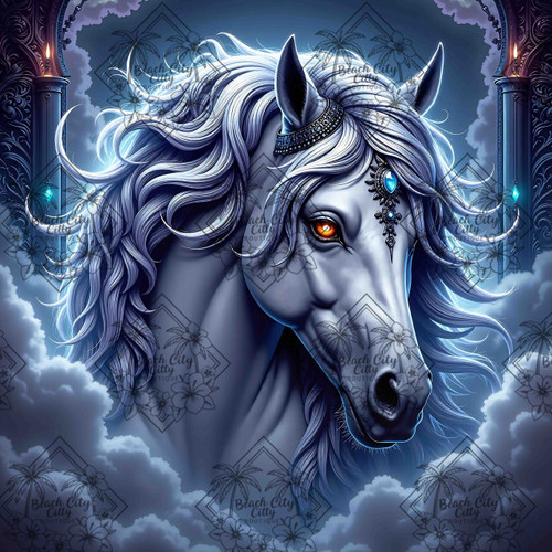 Majestic silver horse with flowing white mane, glowing amber eye, and sapphire jeweled headpiece emerging from moonlit clouds.