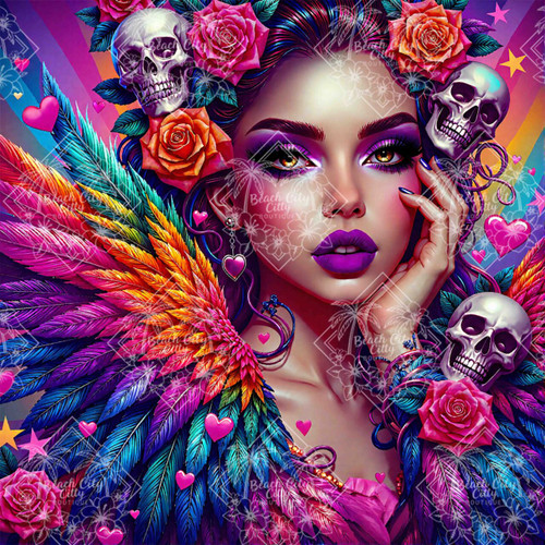 Colorful fantasy woman surrounded by rainbow feathers, roses, hearts, and decorative skulls in a vibrant pop-art composition.
