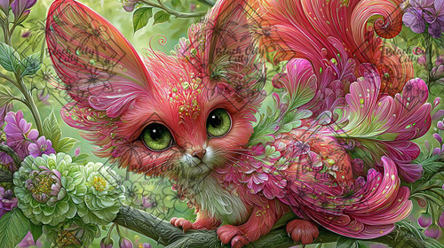 Adorable pink fantasy fox with floral fur and bright green eyes perched on a flowering tree branch.