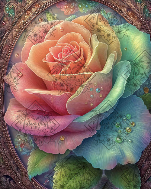 Large pastel rainbow rose with sparkling water droplets surrounded by an ornate decorative frame.