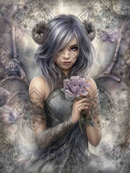 Soft gray fantasy fairy holding a lavender rose with delicate wings in a dreamy enchanted forest.