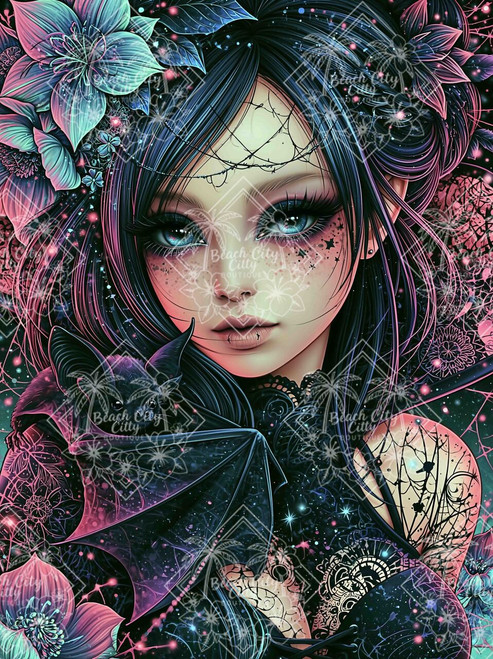 Dark gothic woman with blue eyes surrounded by flowers while holding an adorable black bat.