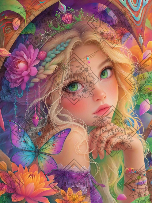 Dreamy blonde fairy girl with green eyes, pastel butterflies, flowers, and whimsical garden details.