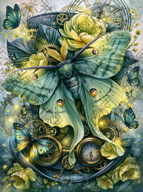 Elegant green luna moth surrounded by clocks, gears, butterflies, yellow flowers, and glowing steampunk details.