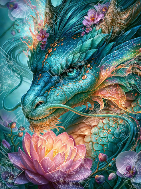 Close-up turquoise dragon with glowing eye, pink lotus flower, jeweled scales, and magical floral details.