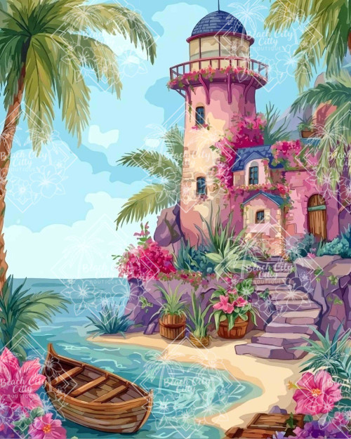 Charming pink lighthouse cottage surrounded by tropical flowers, palm trees, and a peaceful shoreline with a wooden rowboat.