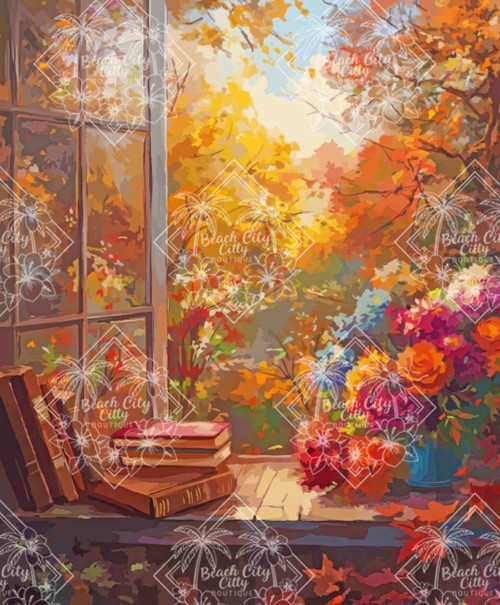 Cozy window with books overlooking colorful autumn trees and a vibrant bouquet of seasonal flowers.