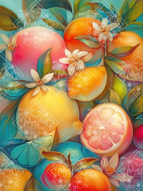 Colorful citrus fruits with blossoms and green leaves arranged in a vibrant botanical still life.