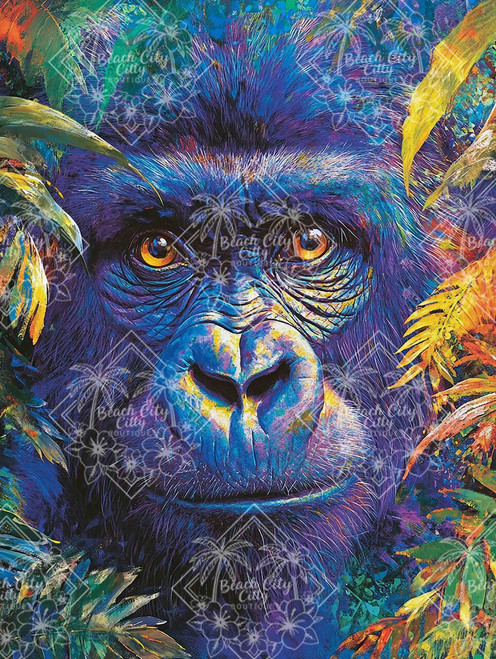 Colorful gorilla portrait with vibrant blue, purple, and gold tones surrounded by lush tropical rainforest foliage.