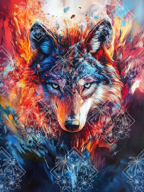 Powerful wolf portrait painted with fiery red, orange, and blue brushstrokes against a dramatic abstract background.