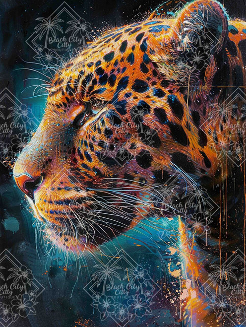 Colorful leopard portrait featuring vivid orange, blue, and gold tones against a dramatic modern artistic background.