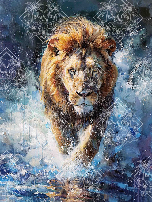Majestic male lion walking through splashing water with a flowing golden mane against a dramatic blue abstract background.