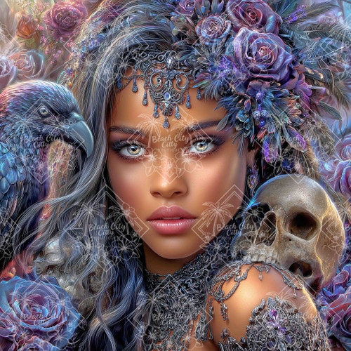 Dark fantasy woman with a raven, purple roses, skulls, and a jeweled gothic headpiece surrounded by mystical flowers.