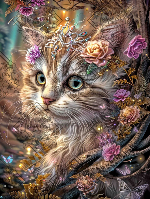Cute fantasy kitten wearing a jeweled floral crown surrounded by butterflies, flowers, and magical woodland lights.