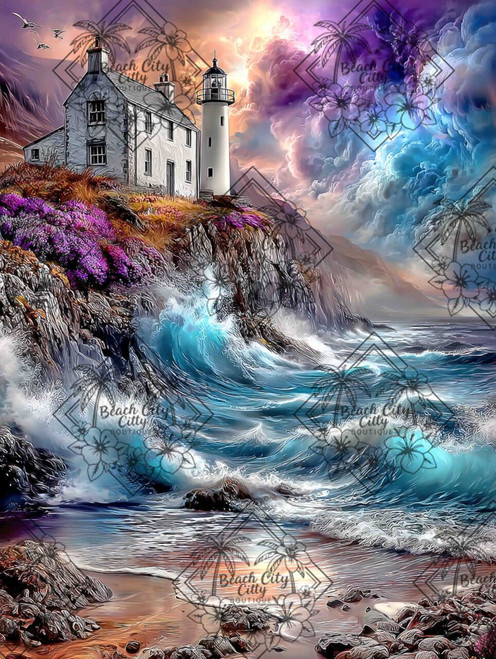 Beautiful lighthouse overlooking crashing ocean waves beneath colorful storm clouds and rugged coastal cliffs.