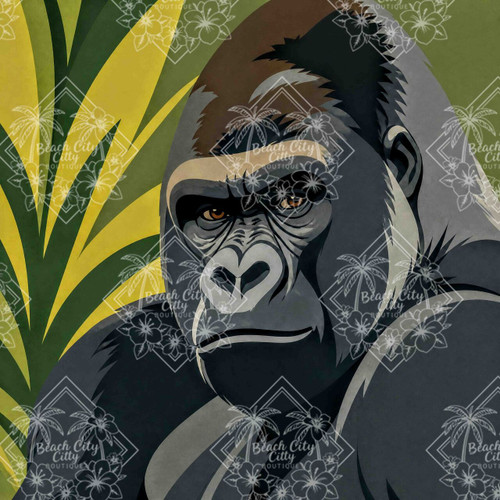 Powerful silverback gorilla portrait surrounded by lush tropical jungle foliage in a modern geometric wildlife illustration.