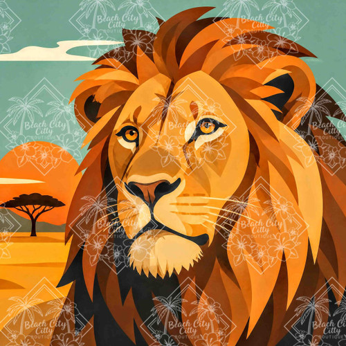 Regal lion portrait overlooking the African savanna during sunset in a modern geometric illustration style.