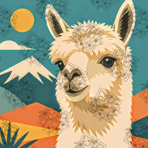Smiling alpaca portrait with colorful mountain scenery and modern geometric illustration style.