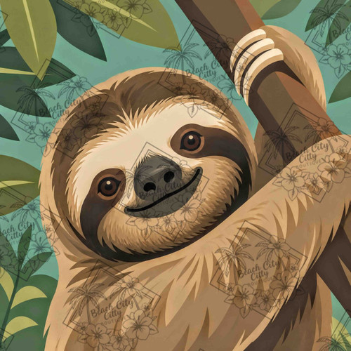 Happy sloth hanging from a tropical tree branch surrounded by lush rainforest foliage.