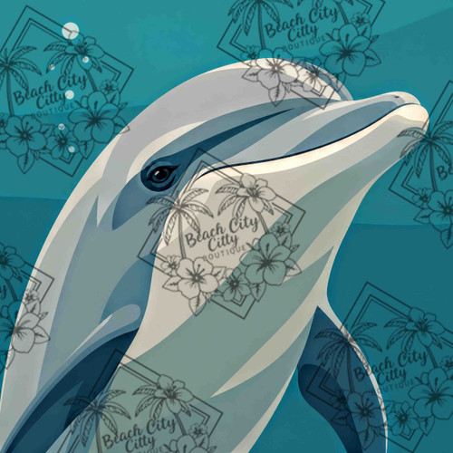 Graceful bottlenose dolphin swimming through clear blue ocean waters in a modern geometric illustration.