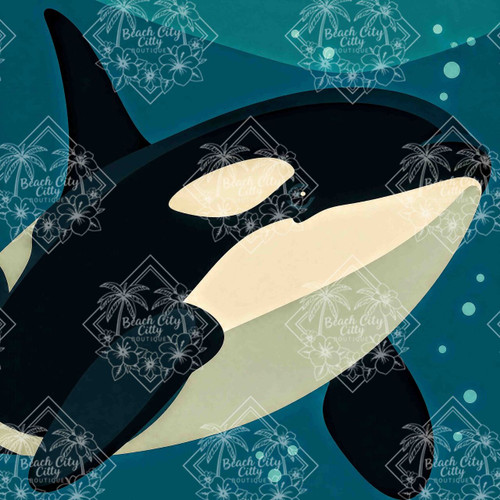 Powerful orca whale swimming beneath calm ocean waters in a modern geometric illustration.