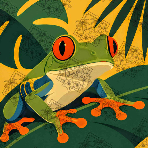 Bright red-eyed tree frog resting on tropical rainforest leaves in a vibrant geometric illustration style.