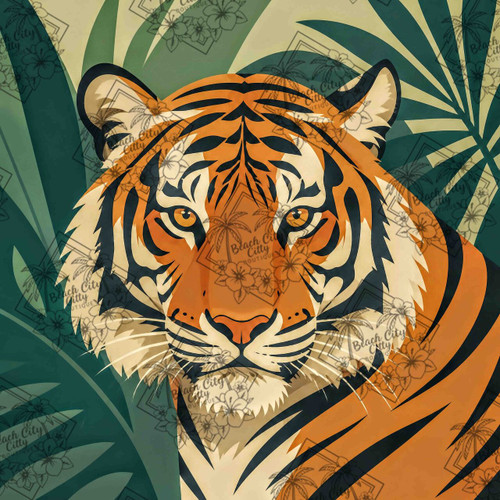 Powerful Bengal tiger emerging through lush jungle foliage in a modern geometric illustration style.