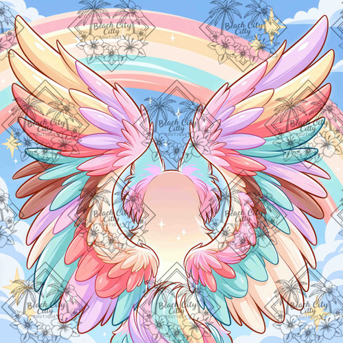 Wings of Sweetness by Cocomarshmallow Art featuring pastel angel wings with a rainbow, stars, clouds, and a dreamy fantasy sky.