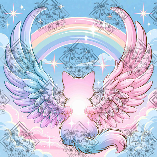 Angel Puff Glow by Cocomarshmallow Art featuring a fluffy pastel kitten with angel wings looking toward a glowing rainbow in the clouds.