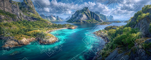 Elly AI scenic fjord landscape with turquoise water, mountains, and lush green coastline