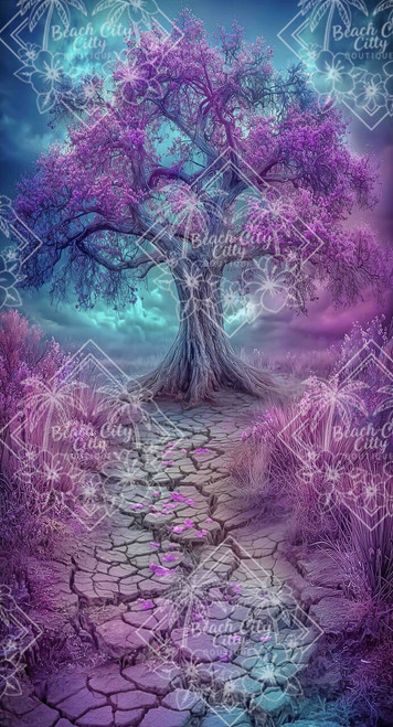 Ancient magical tree with glowing purple blossoms beneath a dramatic teal and violet fantasy sky.