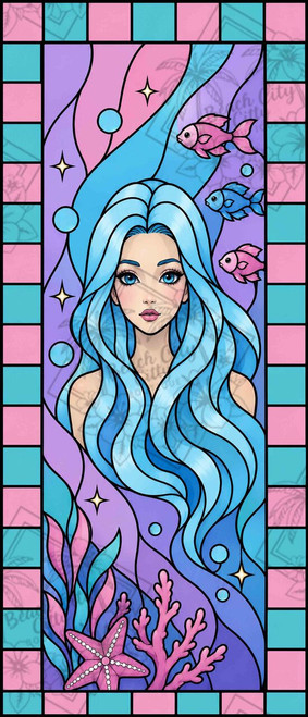 Soft pastel stained glass portrait of a blue haired ocean inspired girl surrounded by tropical fish, coral, and flowing underwater waves.