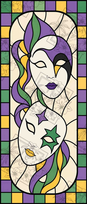 Elegant stained glass masquerade masks in Mardi Gras colors with flowing ribbon details and decorative geometric borders.